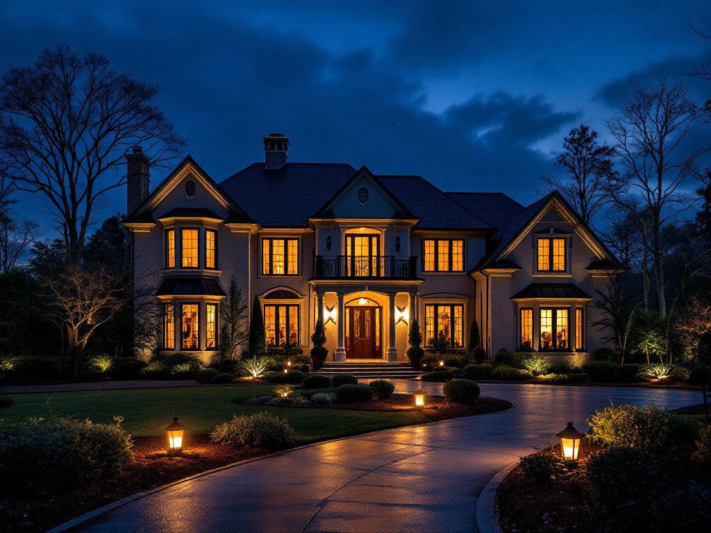 Twilight exterior photograph of a New Jersey home with warm lit windows against a blue hour sky